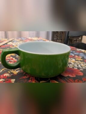 Vintage Green Glass Bowl - Bowl with Handle 1970s Chili Bowl Milk Glass